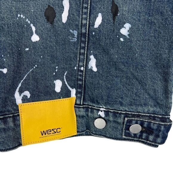Men WeSC Classic Casual Jacket White Paint Splatter Blue Denim MSRP $220 - Picture 10 of 15
